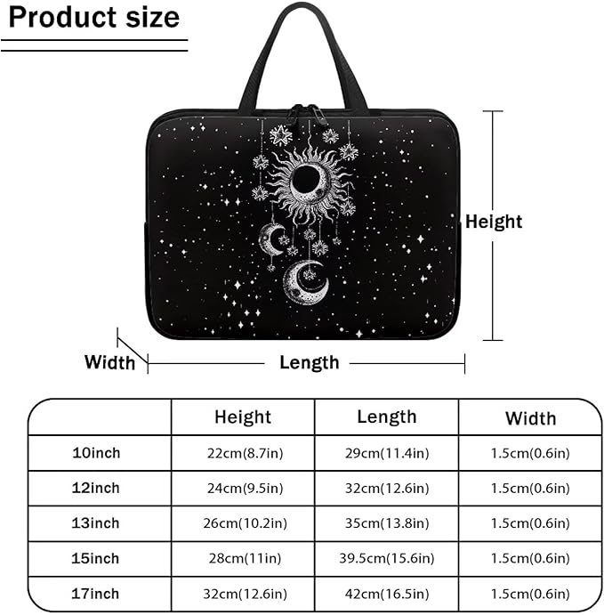 Sun Moon Stars Laptop Sleeve Case for Women Protective Soft Padded Zipper Cover Carrying Computer Bag Compatible with 17 Inch Notebook Chromebook Tablet, Galaxy Space, Black