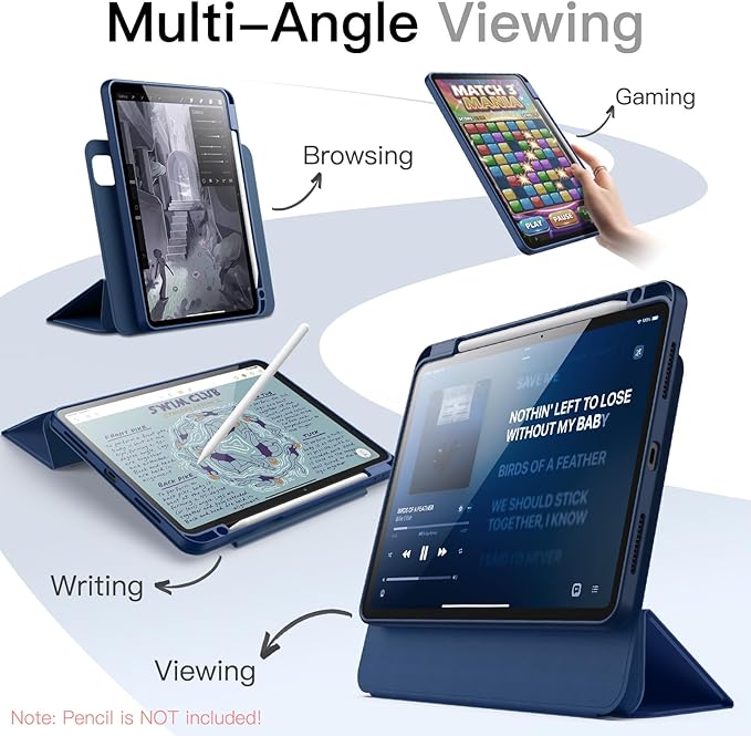 JETech Magnetic Detachable Case for iPad Pro 11-Inch M5/M4 (2025/2024) with Pencil Holder, Removable Rotating Clear Cover, Portrait/Landscape Stand with Raised Screen View (Navy)