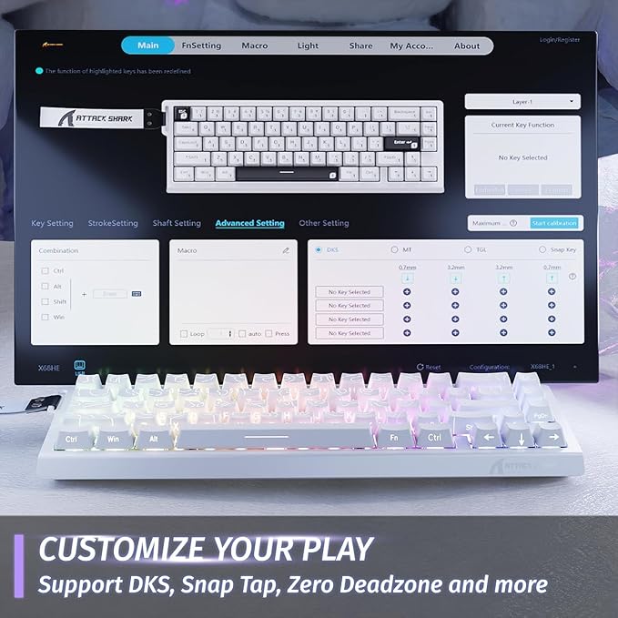 ATTACK SHARK X68 HE Wired Rapid Trigger Mechanical Gaming Keyboard and R1 Mouse with Adjustable Actuation,Coiled Cable,USB C/2.4Ghz Wireless/BT Ultralight 18K DPI Mice for Esport Gamer(White Contour)