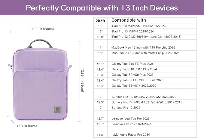 Dadanism 13 Inch Tablet Sleeve Bag with Shoulder Strap & Handle for New iPad Air 13" M4/M3 2026/2025, iPad Pro 13" M5/M4 2025/2024, iPad Pro 12.9", Galaxy Tab S10+/S9 FE+/S9+ 12.4", Grey Purple