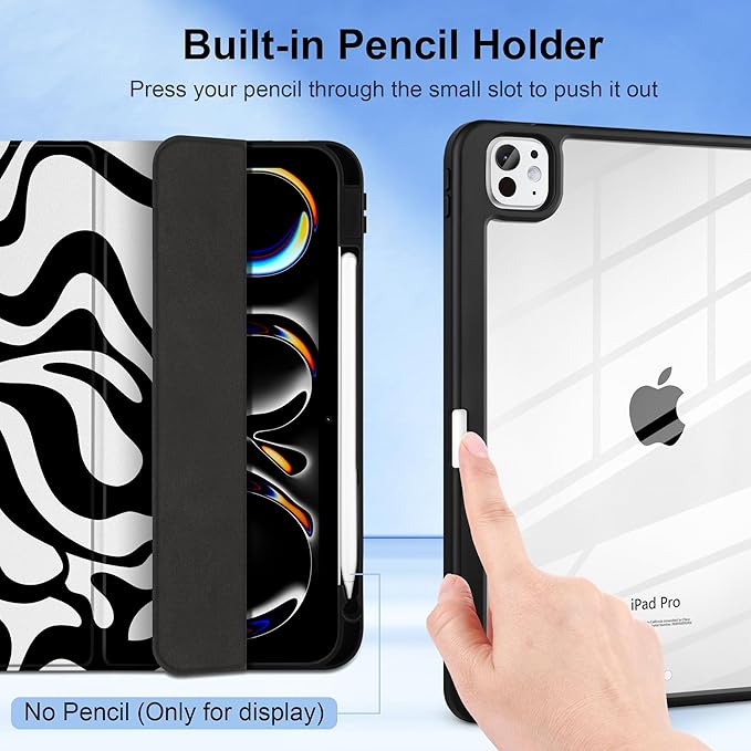 Case for iPad Pro 13 inch (M5) 2025 (M4) 2024 Release with Pencil Holder - Aesthetic Cute Preppy Design Trifold Cover with Soft TPU Bumper Clear Back Auto Sleep/Wake for Girls Women, Waves