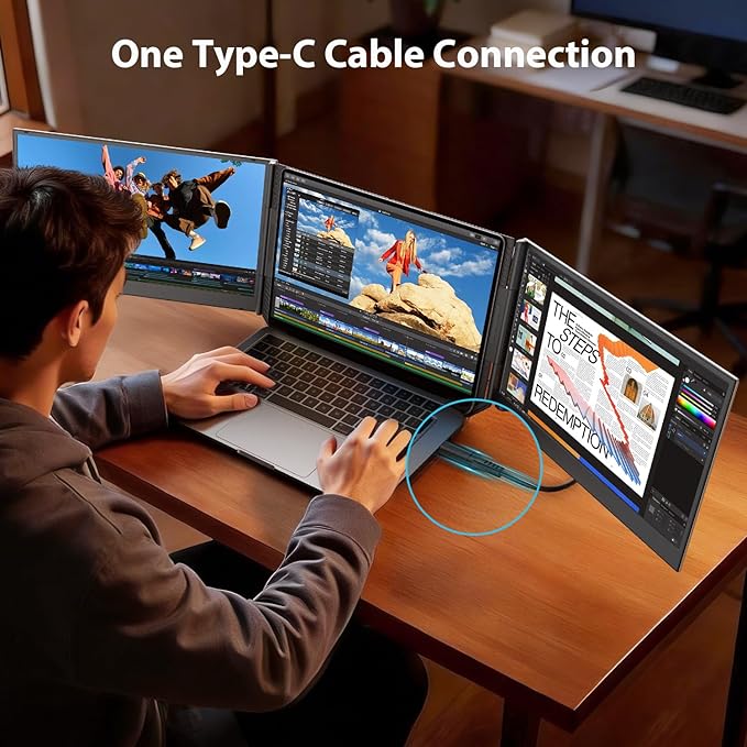 15.6'' Laptop Triple Screen Extender One Cable Connection, 1080P FHD IPS Portable Dual Monitor with Speaker, Ultra-Slim Travel Monitor for 13-17.3" Laptops, Compatible with MacOS, Windows, Android