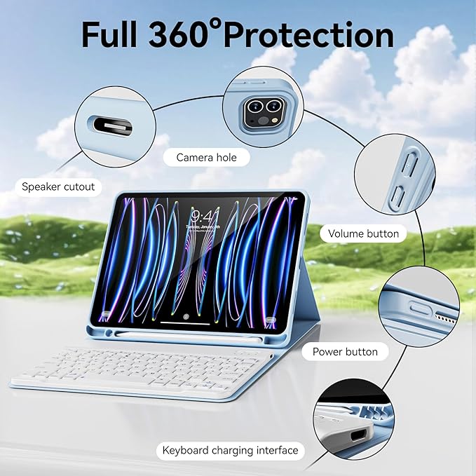 Keyboard Case for iPad Pro 11 Inch 4th Generation/Pro 3rd Gen/Pro 2nd Gen with Pencil Holder, Folio Detachable Wireless Bluetooth Keyboard & Flip Stand Case for iPad Pro 11 Inch, Sky Blue