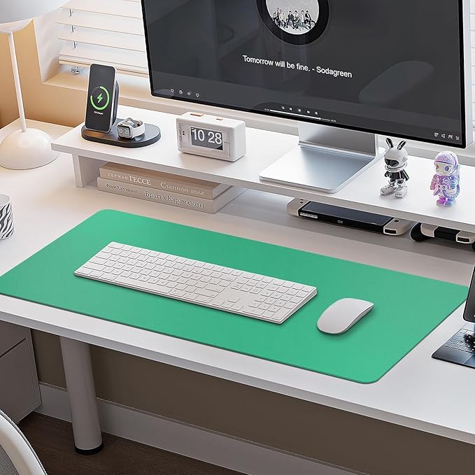 Boutilon Leather Desk Pad Protector,Non-Slip Mouse Pad,Laptop Desk Pad,Office Mouse Mat,Waterproof Leather Desk Blotter,Desk Writing Pad for Office and Home (M-Light Green,30"x14")