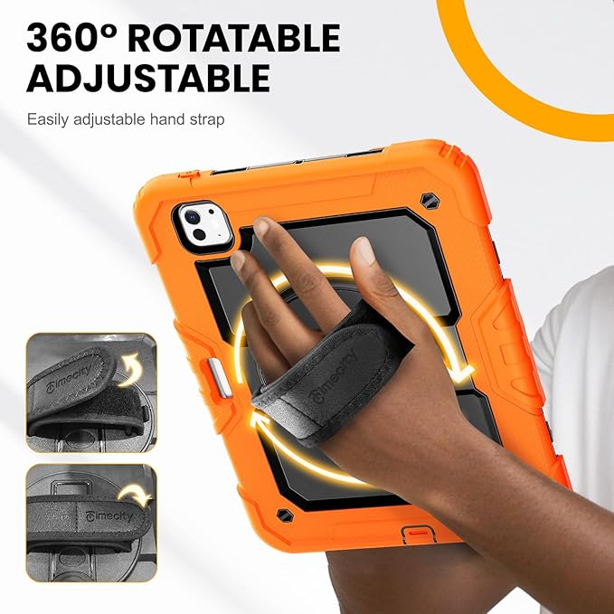 timecity Case for iPad Pro 11 Inch M5 2025 / M4 2024, 360° Rotating Stand, Pencil Holder & Wireless Charging, Shockproof with Screen Protector & Shoulder Strap - for Designers & Professionals, Orange