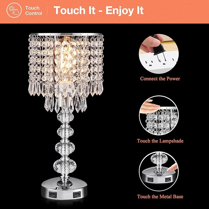 Crystal Table Lamps for Bedroom Nightstand - Touch Bedside Lamps with Two USB Charging Ports Silver, 3 Way Dimmable Small Glam Lamp for Girls, Night Stand Lamp for Living Room