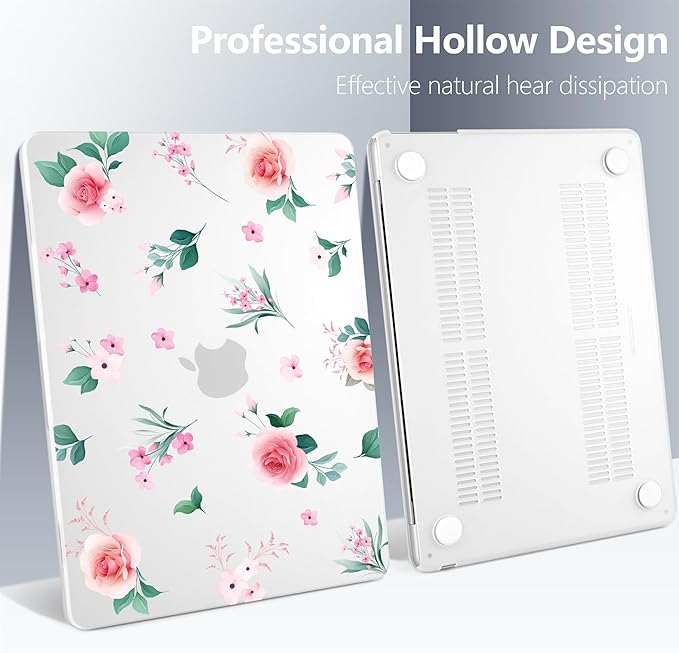 Batianda Premium Case for New MacBook Air 15 inch with M5 M4 M3 M2 Chip 2026 2025 2024 2023 Release, Floral Ultra-Slim 1.2mm Hardshell & Keyboard Cover & Screen Protector 4-in-1 Bundle, Pink Rose