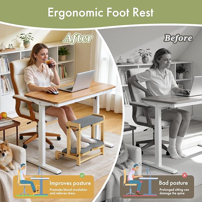 Double Step Foot Rest Under Desk, Adjustable Wooden Desk Foot Rest with 4 Heights, Ergonomic Foot Stool with Cushion for Office, Gaming & Study (Natural Color)