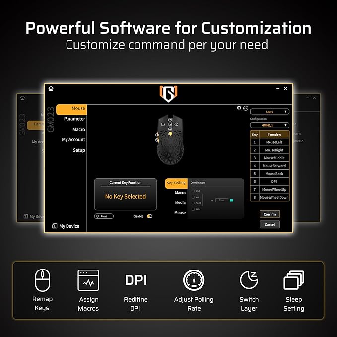 LTC GM023 Tri-Mode Wireless Gaming Mouse, 79g Ultra-Light Honeycomb Ergonomic Gaming Mouse, 2.4Ghz/BT/Wired, 6-Level DPI 8000, 6 Programmable Buttons, Pro Software