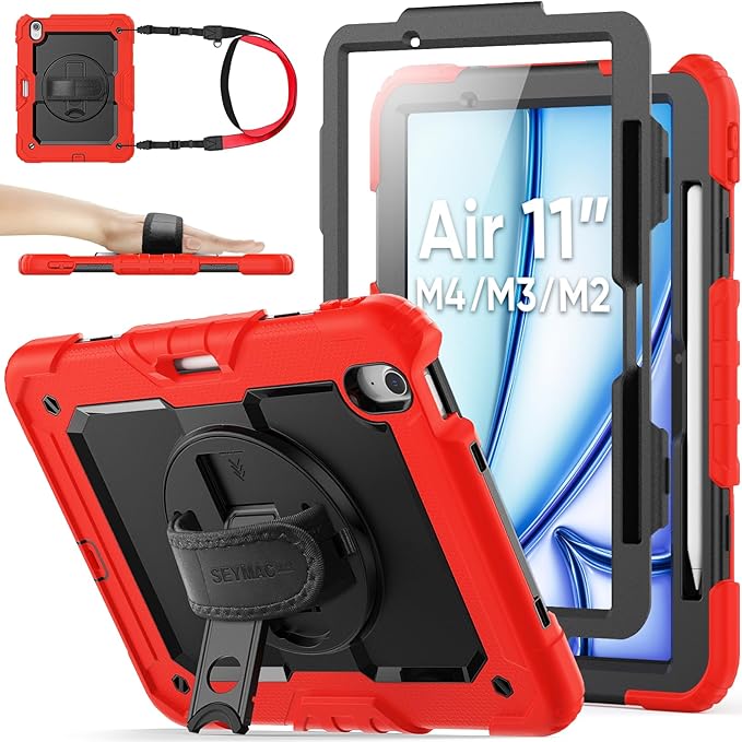 SEYMAC stock Case for iPad Air 11-inch M4-M2 2026-2024 (Gen 8-6), Shockproof Heavy Duty Case with Screen Protector, Pencil Holder, Rotating Stand, Hand Strap, Shoulder Strap, Red