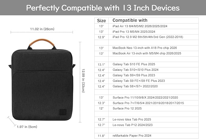 Dadanism 13 Inch Tablet Sleeve Shoulder Bag with Handle for iPad Pro 13" M4 2024, iPad Air 13", iPad Pro 12.9", Galaxy Tab S10+ Plus/S9 FE+/S9+ Plus 12.4", Remarkable Paper Pro 11.8", Black Gray