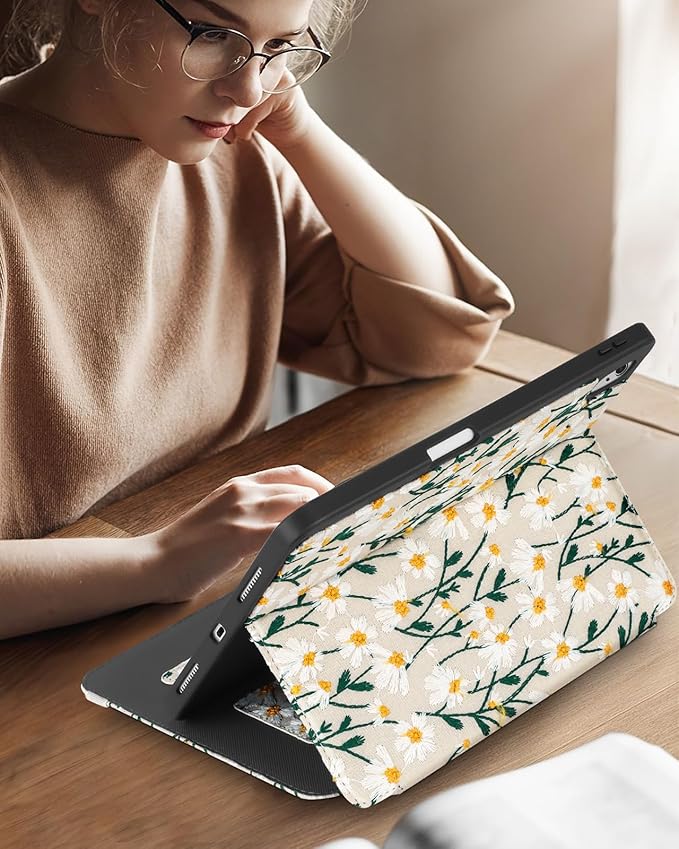 Uppuppy for iPad Air 11 inch Case M3 2025/M2 2024 - Air 5th/4th Generation Case 10.9'' Women Girls Cute Embroidered Folio Stand Cover with Pencil Holder & Card Slot Girly Daisy Flowers Design Cases