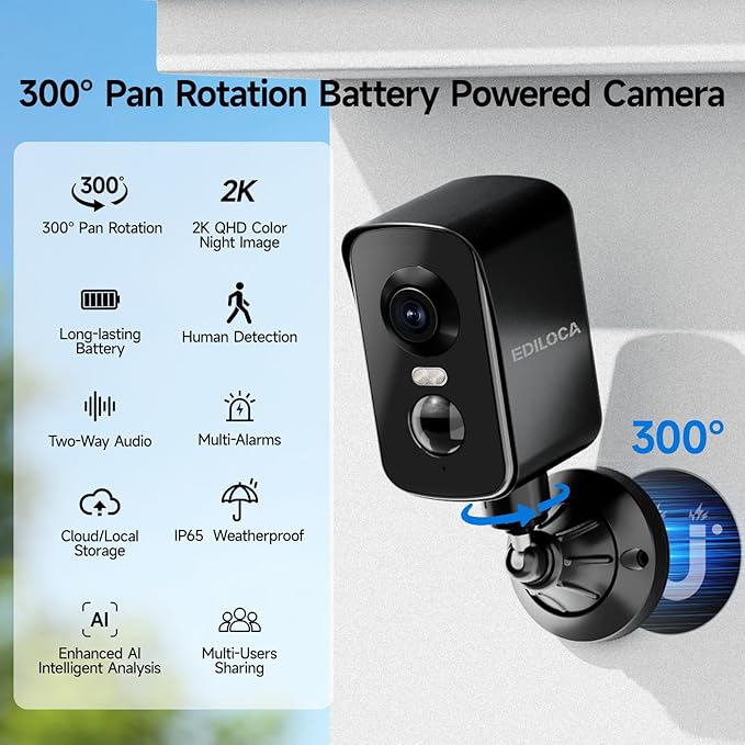 Magnetic Security Cameras Wireless Outdoor, 2K Pan Rotating 300° Battery Powered WiFi Camera with PIR Human Detection, Color Night Vision, 2-Way Audio, Alarm, Weatherproof, Cloud/Local Storage