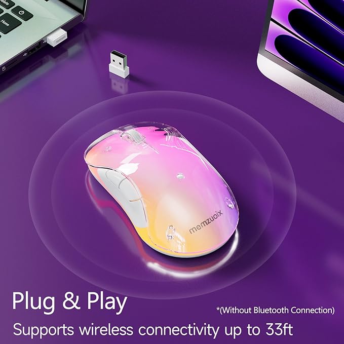 memzuoix 2.4G Wireless Mouse with Customizable Cover & 9-Color LED - Rechargeable Ergonomic, 1400 DPI, 5 Buttons, USB Receiver for PC/Mac - Purple