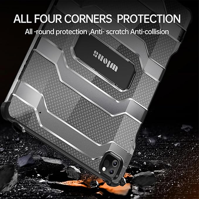 Case for iPad Pro 12.9 inch 6th/5th/4th/3rd Generation (2022/2021/2020/2018) with Pencil Holder/Kickstand Crystal Clear Hard PC Back Shockproof Heavy Duty Protective Rugged Stand Cover, Blue