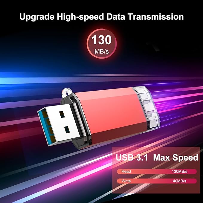 RAOYI 128GB USB C Flash Drive Upgraded 130MB/s, 2 in 1 USB 3.1 Type C Dual OTG Metal Thumb Drive Memory Stick with Keychain Suitable for USB-C Smartphones, PC, Macbooks and Tablets (Red)