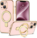 Compatible with iPhone 14 Plus Case with Magnetic Ring Stand [Compatible with Mag-Safe] [Full Camera Lens Protector] Soft Plating Phone Case for iPhone 14 Plus 6.7", Solid Pink