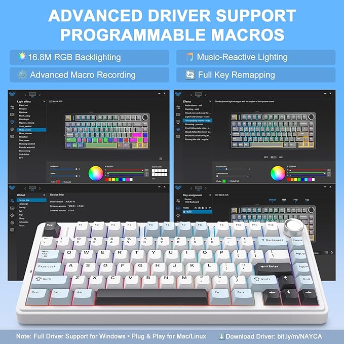 AULA F75 - 75% Wireless Mechanical Keyboard,Hot Swappable Custom Gaming Keyboard with Knob,BT5.0/2.4GHz/USB-C,RGB Backlit,Pre-lubed Reaper Switches,Double Shot PBT Keycaps,Mechanical Gaming Keyboards
