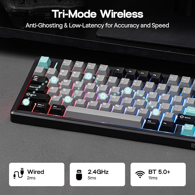 EPOMAKER TH80 V2 75% Wireless Mechanical Keyboard with Metal Knob, 8000mAh, 2.4Ghz/BT/USB-C, RGB, Hot Swap, Custom Driver, PBT Keycap, Wireless Gaming Keyboard for PC/Mac (Black, Sea Salt Silent)