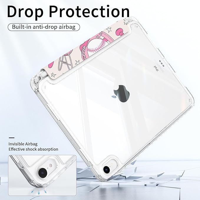 Case for iPad Air 11 Inch M3 (2025)/M2 (2024), iPad Air 10.9" 5th/4th Generation Case 2022/2020 Pink Girly, Slim Trifold Stand Transparent Clear Back Cover with Pencil Holder, Baseball
