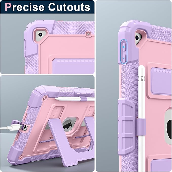 DreamerX for iPad 9th/8th/7th Generation Case (10.2 inch, 2021/2020/2019), Heavy Duty Military Grade Shockproof Protective Cover Stand Pencil Holder Shoulder Strap for iPad 9/8/7 Gen, Purple Rose Gold