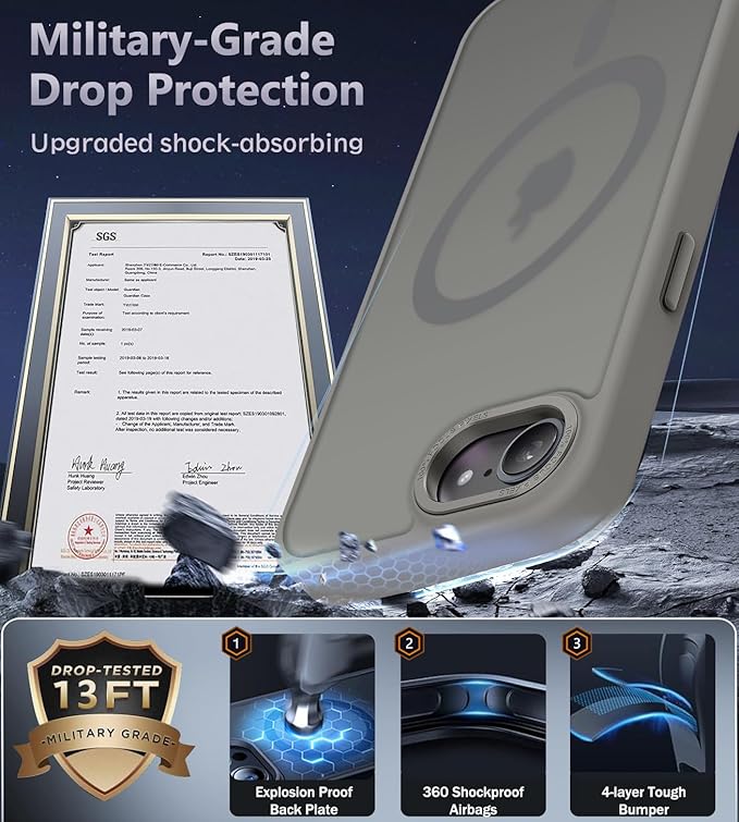 Newfuture Designed for iPhone 17e Case & iPhone 16e Case with Magnetic [13 FT Military Drop Protection] [Compatible with Magsafe] Translucent Shockproof with Anti-Fingerprint Phone Case, Titanium Gray