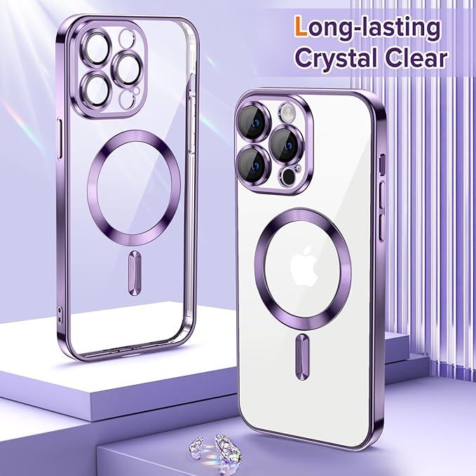 Hython Magnetic Clear for iPhone 12 Pro Case with Camera Lens Protector [Compatible with MagSafe] Luxury Plating Edge Slim Soft TPU Cover Protective Phone Case for iPhone 12 Pro 6.1", Deep Purple