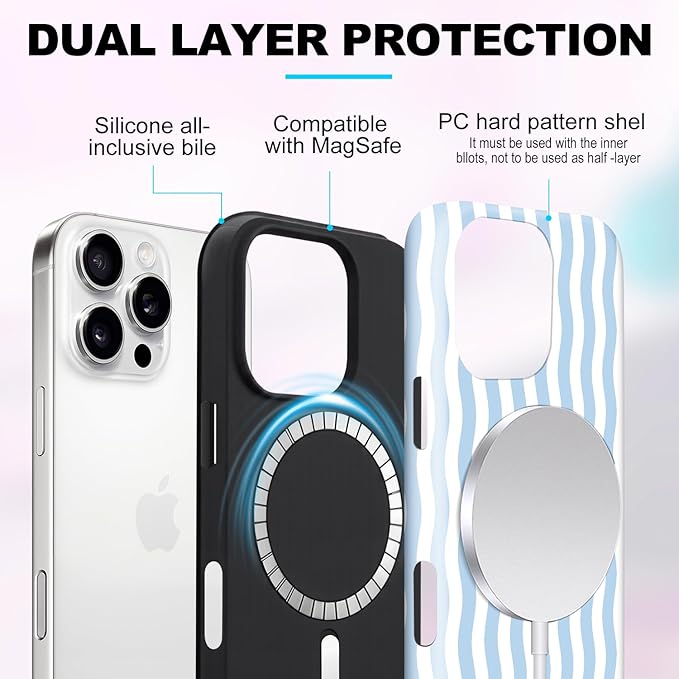 Magnetic for iPhone 13 Pro Case Cute Wavy Stripes Phone Case, Shockproof Slim TPU and Hard PC Protective Phone Cover Compatible with MagSafe Designed for Women Girls, Blue