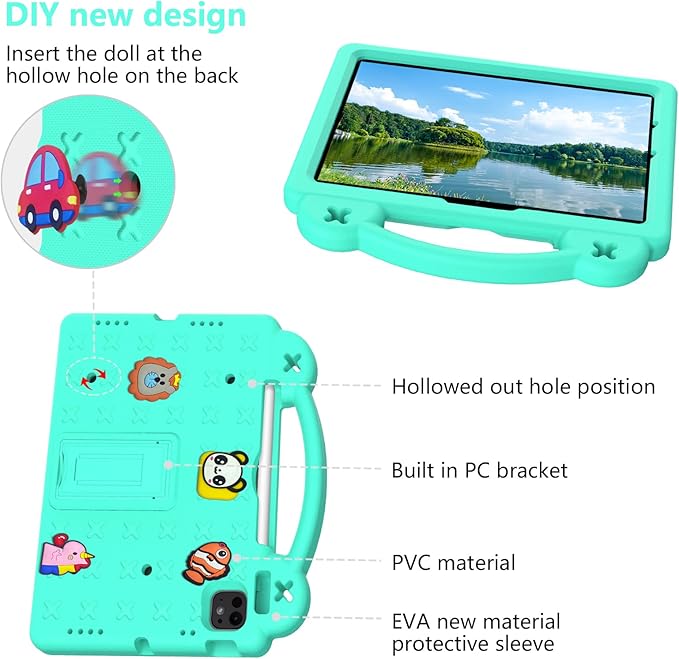 Dteck for iPad Air 6th Gen 11 Inch Case 2024,iPad Pro 11 Inch Case 2024 5th Gen(M4),Cartoon Panda Shockproof Rugged Lightweight Convertible Stand Kids Friendly Tablet Case with Handles,Mint Green