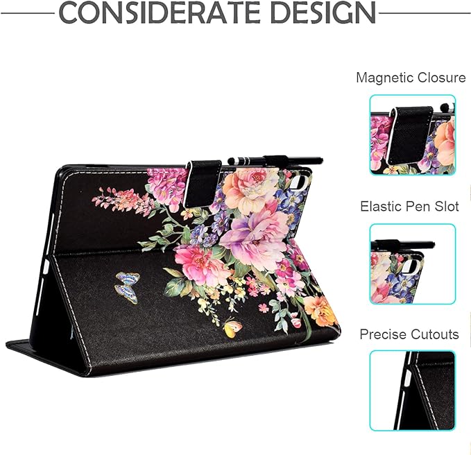 for iPad 9.7 Inch Case iPad 6th/5th Generation Case 2018 2017, PU Leather Folio Stand Cute Cover for iPad 9.7 inch/iPad Pro 9.7/iPad Air 2/iPad Air 1, Auto Sleep/Wake, Flowers