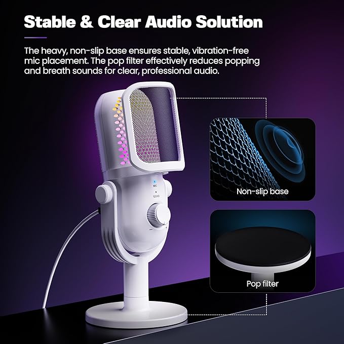 USB Microphone for PC Gaming: Condenser Microphone RGB for Gamer with Stand Mic - Recording Mic for Computer&Laptop with Qiuck Mute - Desk Podcast Mic for Podcast & Singing & Streaming & Youtube White