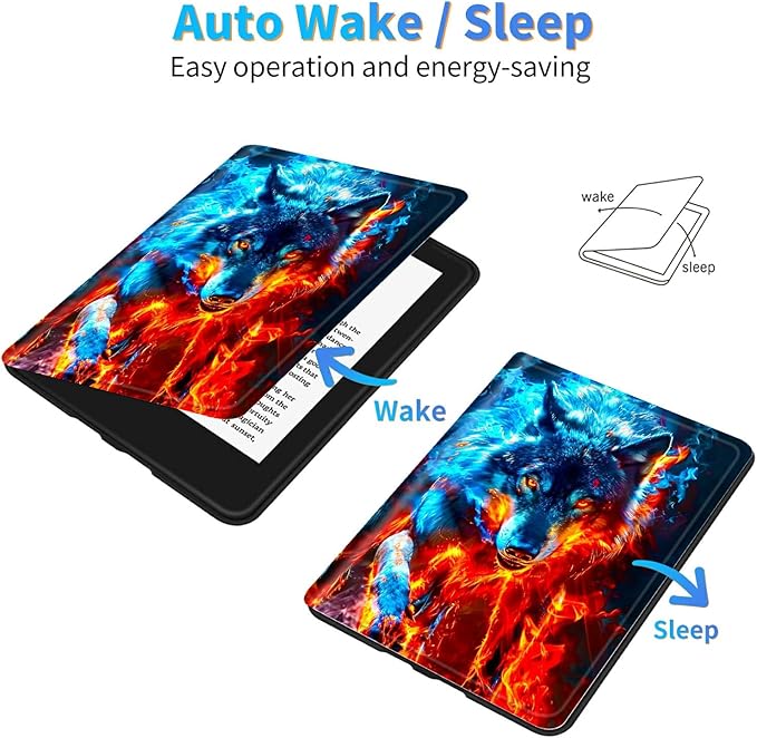for Amazon Kindle Fire 7 (12th Generation, 2022 Release) 7" Tablet Case, Slim Kickstand Stand Leather Smart Cover with Auto Wake/Sleep, Red Blue Flaming Wolf