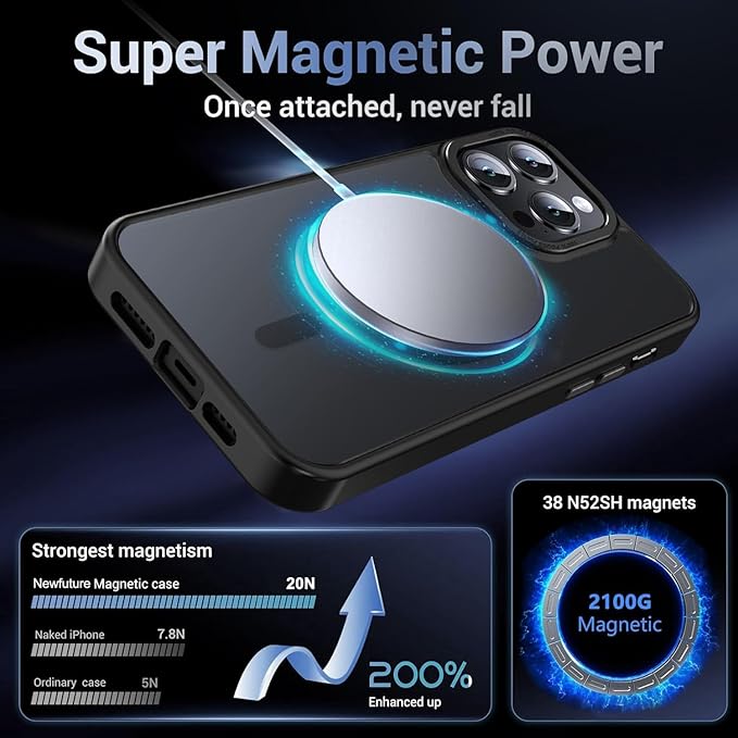 Newfuture Designed for iPhone 14 Pro Max Case with Magnetic [13 FT Military Drop Protection] [Compatible with Magsafe] Slim Translucent Matte Shockproof with Anti-Fingerprint Phone Case, Black