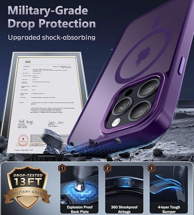 Newfuture Designed for iPhone 14 Pro Max Case with Magnetic [13 FT Military Drop Protection] [Compatible with Magsafe] Slim Translucent Matte Shockproof with Anti-Fingerprint Phone Case, Deep Purple