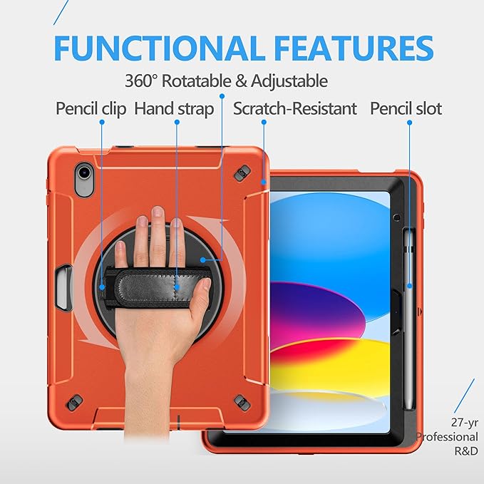 Case for iPad (A16) 11th/10th Generation Case: Protective Cover for iPad 11th Gen 11 Inch 2025 &10th Gen 10.9" 2022 with Screen Protector- Stand- Shoulder Strap- Handle- Pencil Holder-Orange