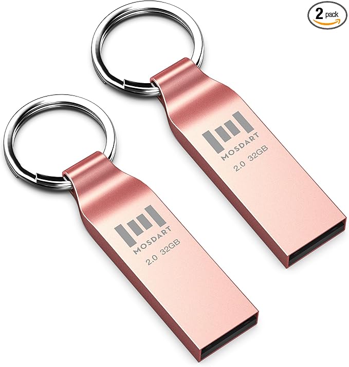 MOSDART Waterproof 32GB USB2.0 Flash Drive, FAT32 Metal Memory Stick with Keychain, for System Back, Data Storage, Rose Gold(Pack of 2)