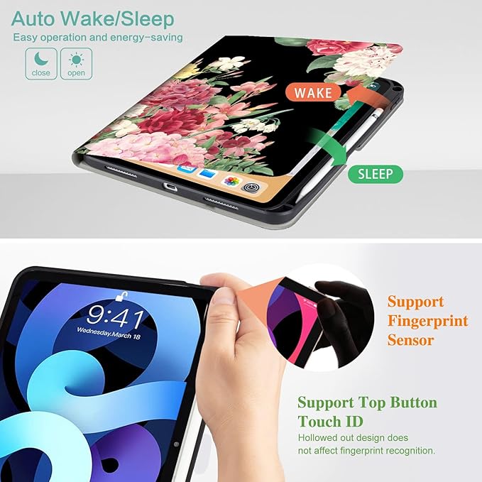 for iPad (A16) 11Th/10Th Generation Case 2025/2022, for iPad A16 Case 11th/10Th Generation 360 Degree Rotating Pencil Holder, Auto Wake/Sleep 4 Viewing Angles Slim Cover, Vintage Flower
