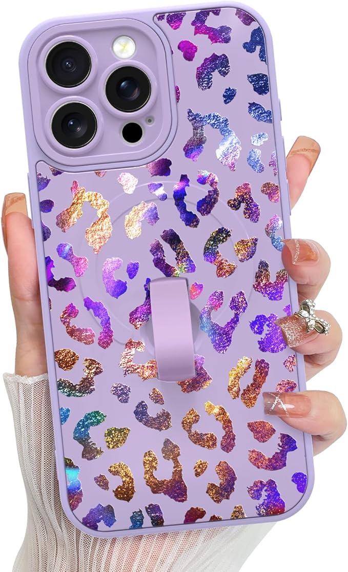 KANGHAR Compatible with iPhone 15 Pro Case, Support for MagSafe, Silicone Cute Iridescent Leopard Cheetah Pattern, Wristband Kickstand Shockproof Protective Slim Cover for Women Girls, Purple