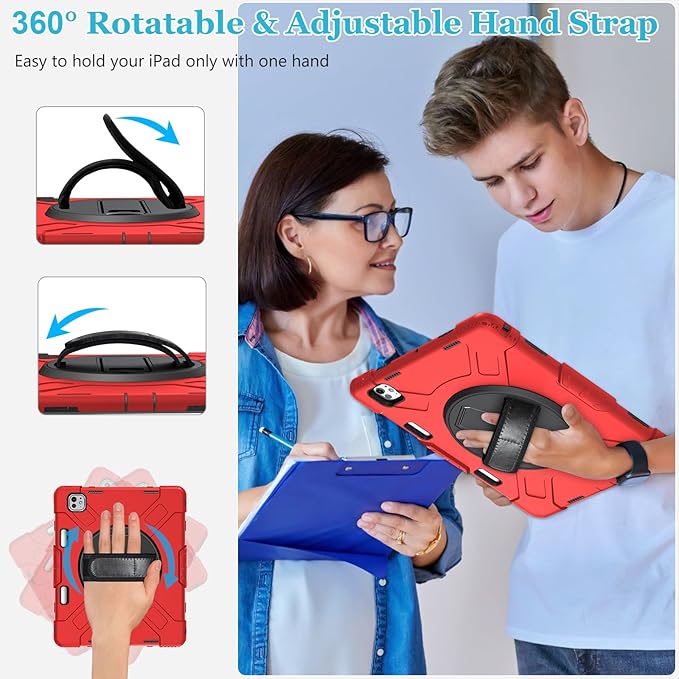 Case for iPad Pro 13 Inch M5 2025/ M4 2024: Military Grade Cover for iPad Pro 13" with Screen Protector - Stand - Handle - Shoulder Strap - Pencil Holder- Red