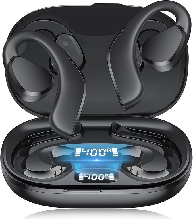 TTQ Open Ear, Open Ear True Wireless Headphones Bluetooth 5.3, Sports with Earhooks & Mic, 60H Playtime, Wireless Charging Case & LED Display, Waterproof for Running, Workout、