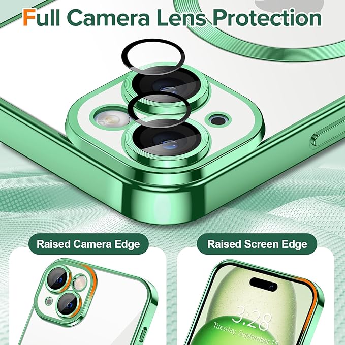 Hython Magnetic Clear for iPhone 15 Case with Camera Lens Protector [Compatible with MagSafe] Luxury Plating Edge Slim Soft TPU Cover Protective Phone Case for iPhone 15 6.1", Light Green