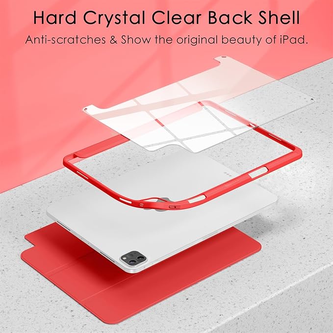 Soke Case for iPad Pro 12.9 Inch (6th/5th/4th/3rd Generation, 2022/2021/2020/2018) - Pencil Holder + Auto Sleep/Wake + Camera Protection, Transparent Shockproof Back Cover, Burgundy Red