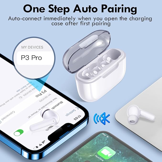 kurdene Wireless Earbuds, Bluetooth 5.3 in Ear Buds Light Weight Headphones with Deep Bass Sound,48 Hours Playtime Headset,Clear Calls Earphones with Mics for Sports Workout White