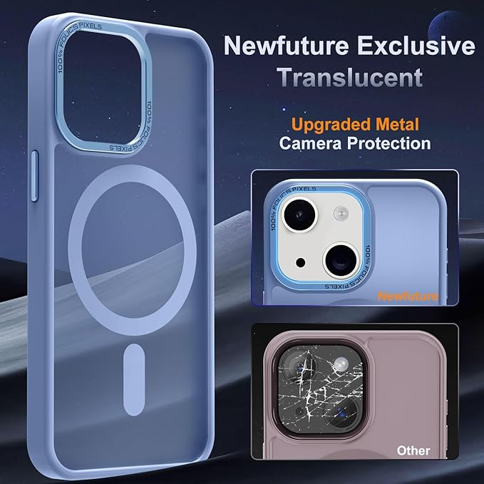 Newfuture Designed for iPhone 13 Case & iPhone 14 Case with Magnetic [13 FT Military Drop Protection] [Compatible with Magsafe] Slim Translucent Shockproof with Anti-Fingerprint Phone Case, Light Blue