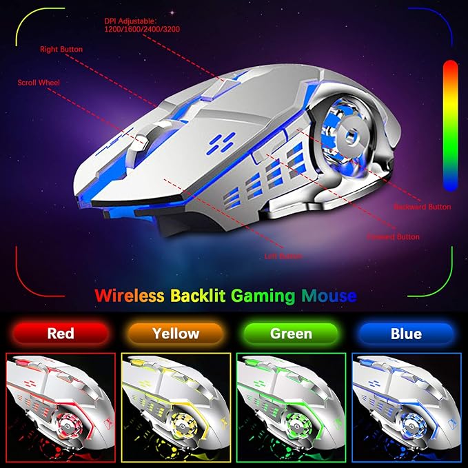 Wireless Gaming Keyboard and Mouse,RGB Backlit Rechargeable Keyboard Mouse with 5000mAh Battery Metal Panel,Removable Hand Rest Mechanical Feel Keyboard and 7 Color Gaming Mute Mouse for PC Gamers