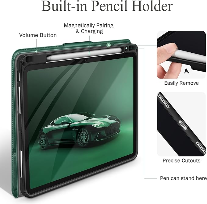 auaua Case for iPad Pro 13 Inch (M5/M4) 2025/2024, with Pencil Holder and Pocket, Multiple Viewing Angles, Magnetic Closure, Auto Sleep/Wake (Green)