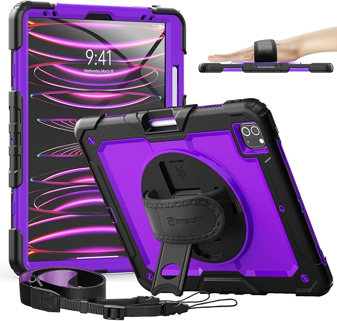 Timecity for iPad Pro 12.9 Case 6th/5th/4th/3rd Gen, 360° Rotating Stand, Pencil Holder & Wireless Charging, Shockproof with Screen Protector & Shoulder Strap - for Designers & Professionals - Purple