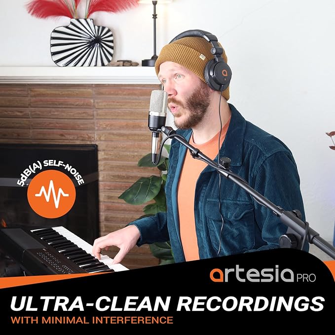 Artesia AMC-10 Condenser Microphone with Desktop Stand & 8ft XLR Cable Output, Professional Cardioid Studio Mic with Shock Mount & Pop Filter for Vocal Recording, Podcasting, Music Production