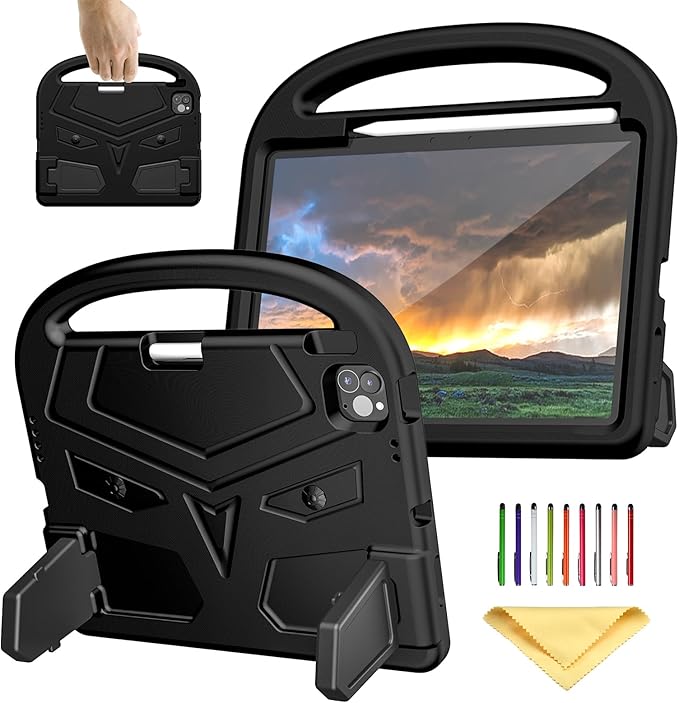 Kids Case for Apple iPad Pro 11 inch M5/M4 Tablet (2025/2024) with Pencil Holder/Handle/Kickstand Slim Lightweight Cute Soft EVA Foam Shockproof Stand Cover for Boys Girls Teens, Black Bird