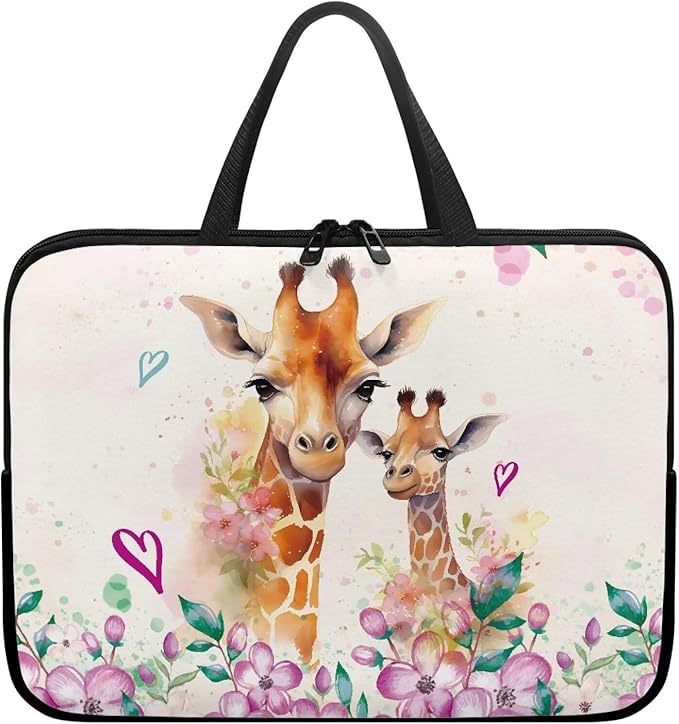 15 Inch Giraffe Flowers Laptop Sleeve, Laptop Cover Computer Bag Tablet Carrying Case with Handle, Zipper Tote Bags Notebook Sleeves Handbag Messenger Briefcase for Men Women